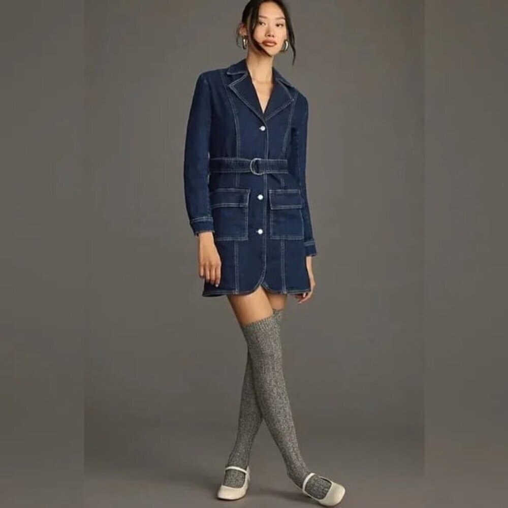 Pilcro Anthropologie Denim Belted Jean Blazer Dress Size M Coat Jacket